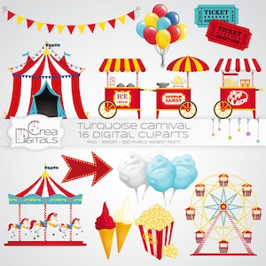 Blue and red carnival / circus, 16 digital cliparts, INSTANT DOWNLOAD