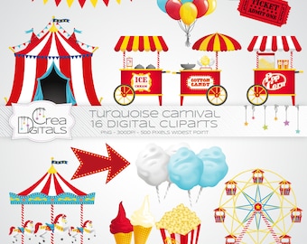 Blue and red carnival / circus, 16 digital cliparts, INSTANT DOWNLOAD