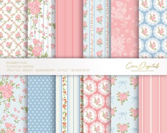 Shabby chic digital paper, coral and blue seamless floral pattern, vintage flowers, 12 digital paper pack, INSTANT DOWNLOAD
