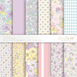 Papel digital floral, patrón sin costuras lila, amarillo, azul y rosa, flores ditsy, 12 paquetes de papel digital volumen 2, DESCARGA INSTANTE