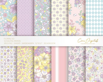 May include: A set of 12 digital papers featuring floral patterns in pastel colors. The patterns include a variety of flowers, leaves, and geometric designs. The papers are 12 inches by 12 inches and 300 DPI.