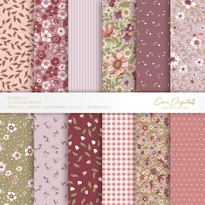 Papel digital floral, patrón transparente burdeos y rosa, flores diminutas, paquete de 12 papeles digitales, DESCARGA INSTANTÁNEA