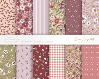 Floral digital paper, burgundy and pink seamless pattern, ditsy flowers, 12 digital paper pack, INSTANT DOWNLOAD
