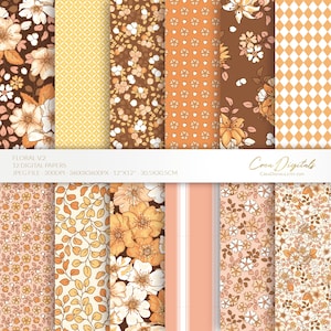 Papel digital floral, padrão sem costura marrom, laranja e rosa, flores ditsy, 12 pacotes de papel digital volume 2, DOWNLOAD INSTANTÂNEO