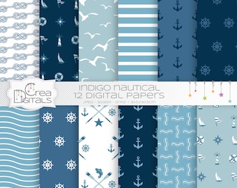 Indigo and navy nautical, 12 digital papers, DIRECT DOWNLOAD