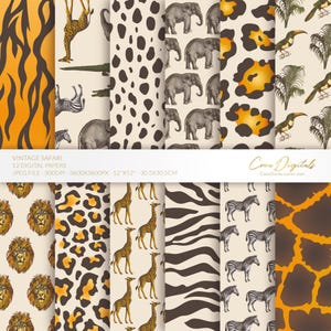 Safari en la jungla vintage, patrón digital, 12 papeles imprimibles con pieles de animales, papel tapiz repetido con motivos del zoológico, fondo sin costuras, DESCARGA INSTANTÁNEA
