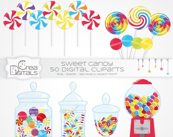 May include: A set of 50 digital clipart images of colorful candy, including lollipops, jelly beans, and gumballs. The clipart is perfect for creating party invitations, scrapbooking, and other craft projects.