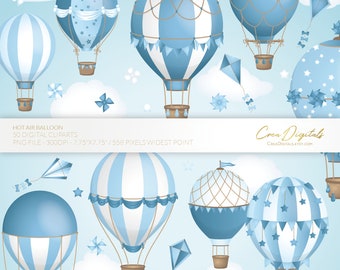 Puede incluir: Un conjunto de 50 imágenes de clipart digitales de globos aerostáticos azules y blancos con varios patrones y diseños. Los globos están sobre un fondo azul claro con nubes y estrellas. El texto "HOT AIR BALLOON" y "Crea Digitals" es visible en la imagen.