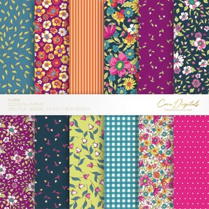 Papel digital floral, azul-petróleo, rosa choque, azul-petróleo e padrão sem costura roxo, flores ditsy, pacote de 12 papel digital, DOWNLOAD INSTANTÂNEO