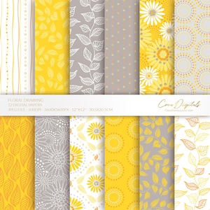 Papier numérique de fleurs dessinées à la main, modèle sans couture jaune et gris, fleurs florales, paquet de 12 papiers numériques, TÉLÉCHARGEMENT IMMÉDIAT