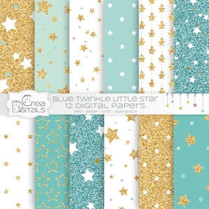 Mint en gouden glitter twinkle little star 12 digitale papieren, INSTANT DOWNLOAD