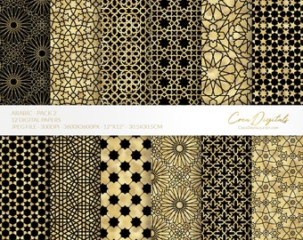 May include: Twelve digital papers with intricate geometric patterns in gold and black. The patterns are inspired by Arabic architecture and are perfect for creating unique backgrounds, invitations, and other projects. Each paper is 12 inches by 12 inches and 300 DPI.