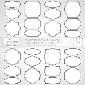 May include: A collection of 24 digital frames with black outlines and white centers in various shapes. The text reads CHIC BLACK & WHITE 24 DIGITAL FRAMES PNG - 300DPI - 500 PIXELS WIDEST POINT. Small colorful hanging stars are visible.
