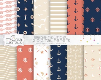 Beige, coral and navy nautical 12 digital papers - DIRECT DOWNLOAD