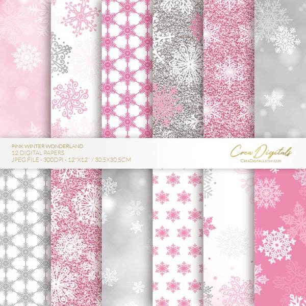 Pink glitter and bokeh snowflakes, 12 digital papers, INSTANT DOWNLOAD