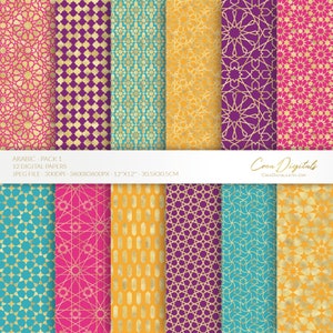 Motif arabe, pack de 12 papiers numériques colorés 1, motif marocain rose sans couture, pack géométrique islamique, fond eid, TÉLÉCHARGEMENT IMMÉDIAT