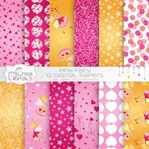 Fairy, 12 pink digital papers, INSTANT DOWNLOAD