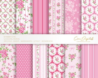Shabby chic digital paper, pink seamless floral pattern, vintage flowers, 12 digital paper pack, INSTANT DOWNLOAD