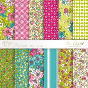 Papel digital floral, padrão sem costura rosa choque, turquesa e verde, flores elegantes, 12 pacotes de papel digital volume 2, DOWNLOAD INSTANTÂNEO