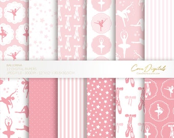 Ballerina, 12 light pink digital papers, seamless pattern, star background, INSTANT DOWNLOAD