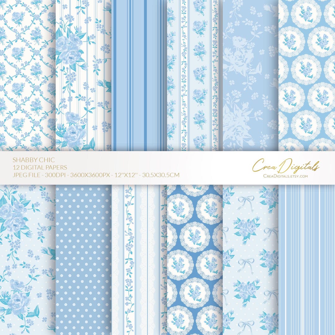 Shabby Chic Digital Paper, Blue Seamless Floral Pattern, Vintage ...