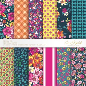 Papel digital floral, azul-petróleo, rosa choque, azul-petróleo e padrão roxo sem costura, flores ditsy, 12 pacotes de papel digital volume 2, DOWNLOAD INSTANTÂNEO