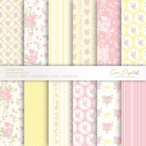 May include: A collection of 12 digital papers with a shabby chic theme. The papers feature various patterns, including floral designs, stripes, and polka dots in soft pastel colors like pink, yellow, and cream. The papers are 12"x12" in size.