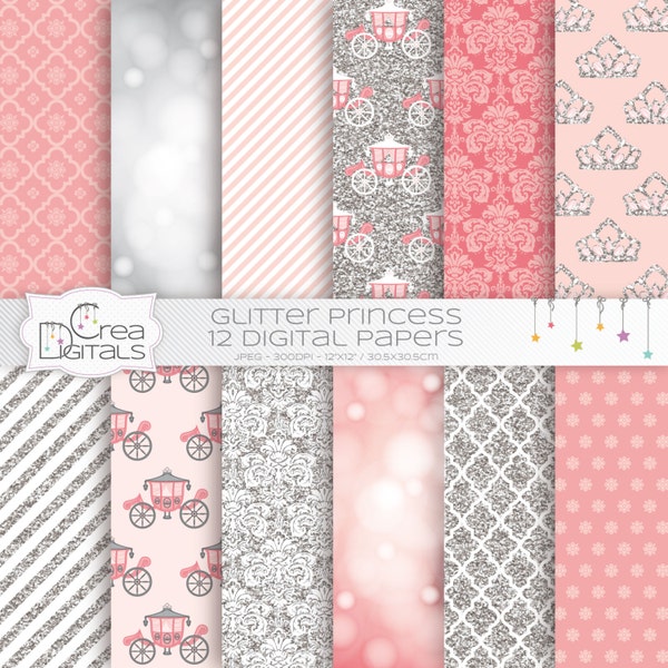 Glitter Fairy Princess, 12 pink and silver digital papers, INSTANT DOWNLOAD