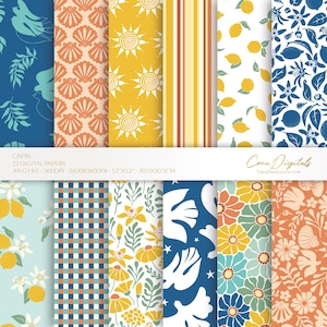 Papel digital mediterráneo, estampado floral bohemio sin costuras en azul, amarillo y terracota, flores retro, paquete de 12 papeles digitales, DESCARGA INSTANTÁNEA