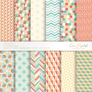 Geometrisches digitales Muster, 12 koralle, gelb und grün druckbare Papiere, sich wiederholende Tapete, nahtloser Hintergrund, INSTANT DOWNLOAD