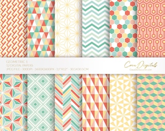 Geometric digital pattern, 12 coral, yellow and green printable papers, repeating wallpaper, seamless background, INSTANT DOWNLOAD