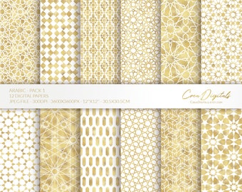 May include: Twelve digital papers featuring intricate geometric patterns in gold and white. The patterns are inspired by traditional Arabic designs. Each paper is 12 inches by 12 inches and 300 DPI.