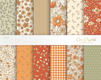 Floral digital paper, brick, cream and kaki seamless pattern, ditsy flowers, 12 digital paper pack, INSTANT DOWNLOAD