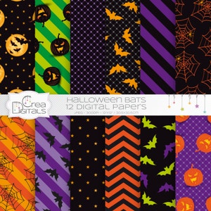 Halloween bats, spiders and pumpkin, orange, black and purple digital papers - INSTANT DOWNLOAD