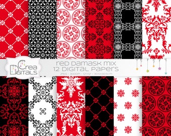 Red and black damask mix - 12 digital papers - DIRECT DOWNLOAD