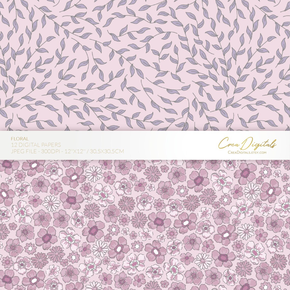 Floral Digital Paper, Lavender and Grey Seamless Pattern, Ditsy Flowers ...