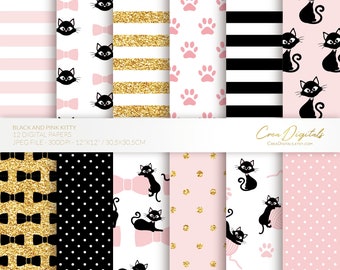 May include: Twelve digital papers featuring black and pink kitty patterns. The patterns include black cats with pink bows, gold glitter, pink paw prints, black and white stripes, and black and white polka dots. The papers are 12 inches by 12 inches and 300 DPI.