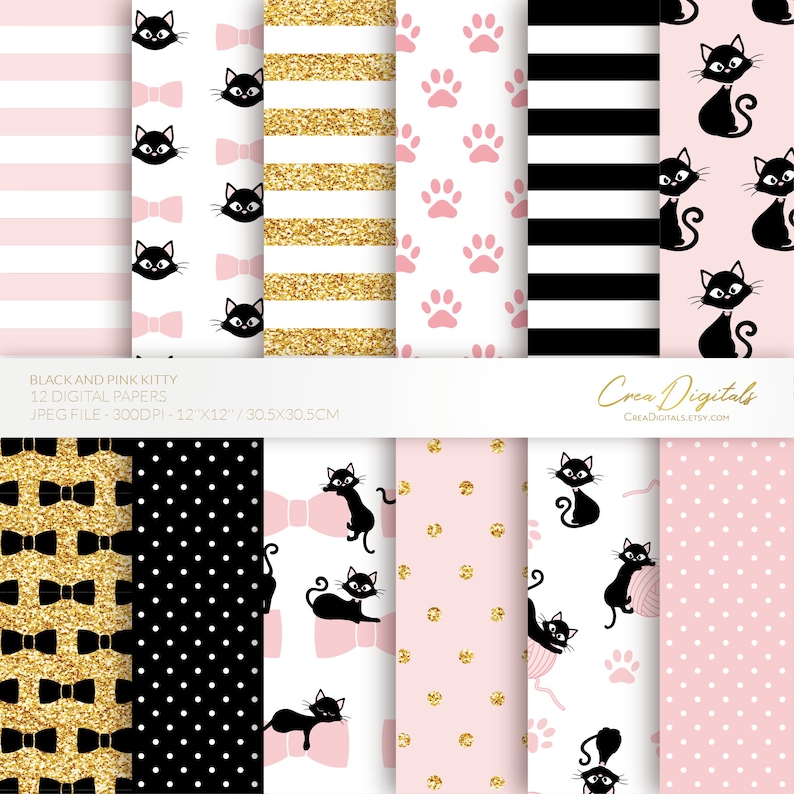 May include: Twelve digital papers featuring black and pink kitty patterns. The patterns include black cats with pink bows, gold glitter, pink paw prints, black and white stripes, and black and white polka dots. The papers are 12 inches by 12 inches and 300 DPI.