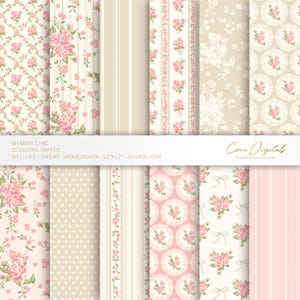 Shabby Chic digitales Papier, beige und korallfarbenes nahtloses Blumenmuster, Vintage Blumen, 12 digitale Papierpackungen, INSTANT DOWNLOAD