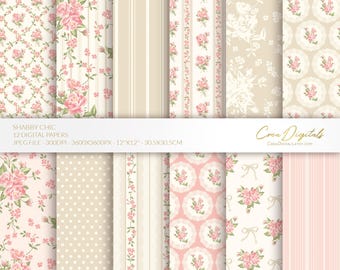 Shabby chic digital paper, beige and coral seamless floral pattern, vintage flowers, 12 digital paper pack, INSTANT DOWNLOAD