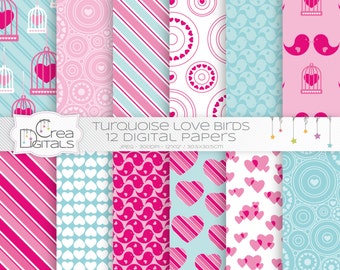 Blue and pink love birds 12 digital papers for Valentines day - INSTANT DOWNLOAD