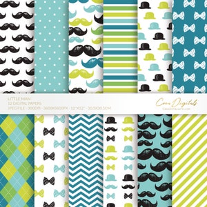 Papel digital homenzinho, pacote de papel digital para bebê sem costura, papel bigode turquesa e verde, DOWNLOAD INSTANTÂNEO