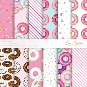 Donut digital papers, pink donuts seamless pattern, doughnut party, 12 digital paper pack, INSTANT DOWNLOAD