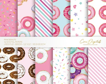 Donut digital papers, pink donuts seamless pattern, doughnut party, 12 digital paper pack, INSTANT DOWNLOAD
