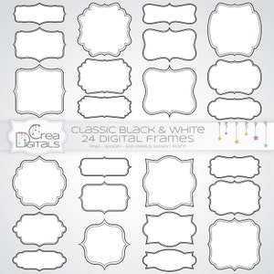 May include: Set of 24 black and white digital frames. The frames are in various shapes and sizes, perfect for adding a classic touch to your designs.