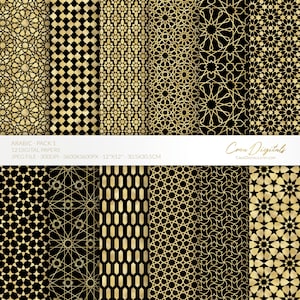 Pack de 12 papiers numériques à motif arabe, or et noir 1, motif marocain sans couture, pack géométrique islamique, fond eid, TÉLÉCHARGEMENT IMMÉDIAT