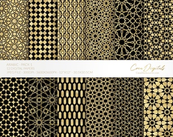 Arabic pattern, gold and black 12 digital paper pack 1, seamless moroccan pattern, islamic geometric pack, eid background, INSTANT DOWNLOAD