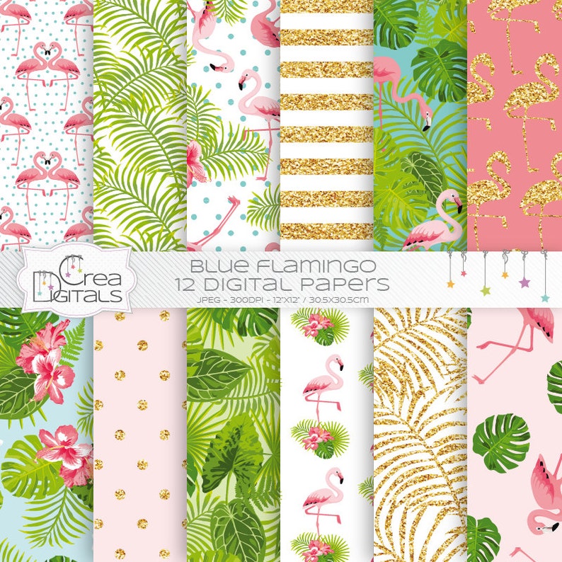 Tropical gold glitter flamingo 12 digital paper pack INSTANT image 0