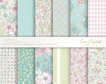 May include: A set of 12 digital papers featuring floral patterns in shades of pink, blue, and green. The papers are 3600x3600 pixels and are perfect for scrapbooking, card making, and other crafting projects.
