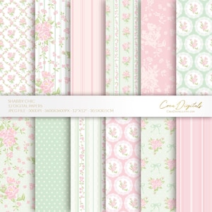 Shabby chic digital paper, mint green and pink seamless floral pattern, vintage flowers, 12 digital paper pack, INSTANT DOWNLOAD
